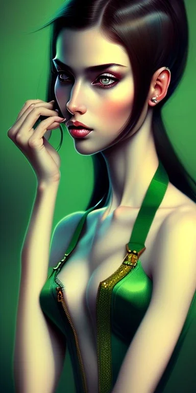 Beautiful female woman with black hair, green eyes, high quality render in the style of Norman Rockwell