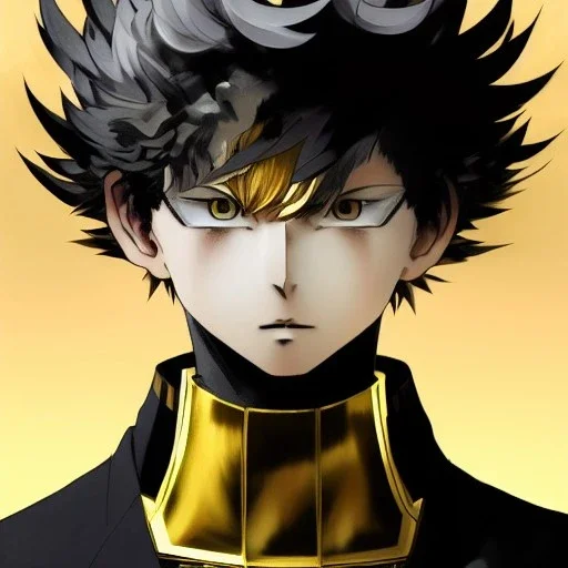 Detailed anime portrait of soulland from my hero academia, gold hair and golden eyes, black suit, intricate details, full body portrait, keep head in frame, slight smile, black Japanese motif, concept art, highly detailed, digital painting, concept art, sharp focus, illustration, art by Yoji Shinkawa, WLOP and greg rutkowski and alphonse mucha and artgerm and yanjun Chen and Junji ito and Makoto Shinkai, HDR, octane render