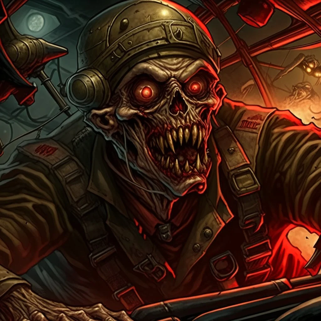 In the style of Heavy metal Magazine, close up of fantastical cursed Zombie World War I (WWI) flying ace with red glowing eyes in cockpit determinedly gripping the airplane yoke, Zombie Red Baron Dogfighter screaming, horror, intricately detailed, complex contrast, dynamic composition; cinematic lighting; meticulously composed concept art, masterpiece, cell-shaded, Zombiecore