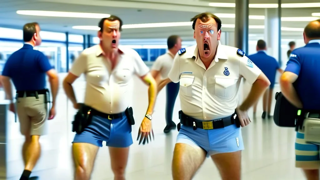 very focused image of upset man wearing shorts told to leave airport lounge by officer