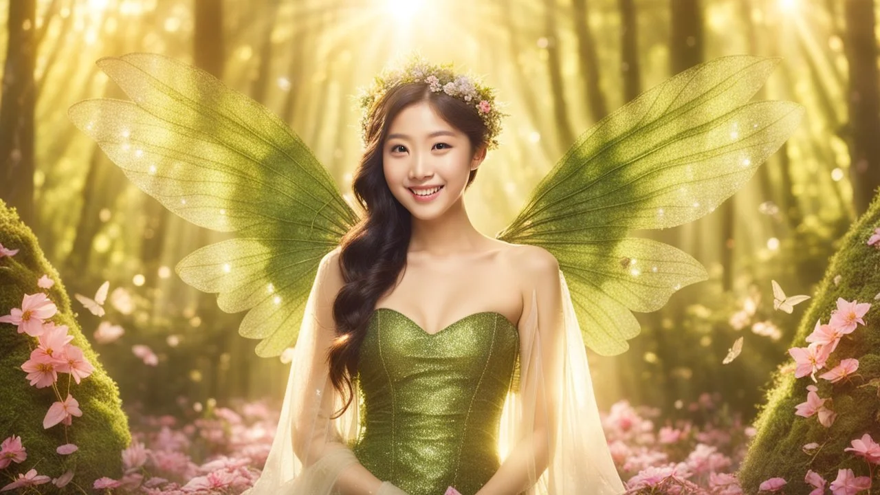 A gorgeous smiling Asian model in a fairy outfit with great glittering wings in a magic forest with 1000 y/o trees, a small torrent, loads of mini flowers, moss, sun rays through the branches, particles in the air at dawn