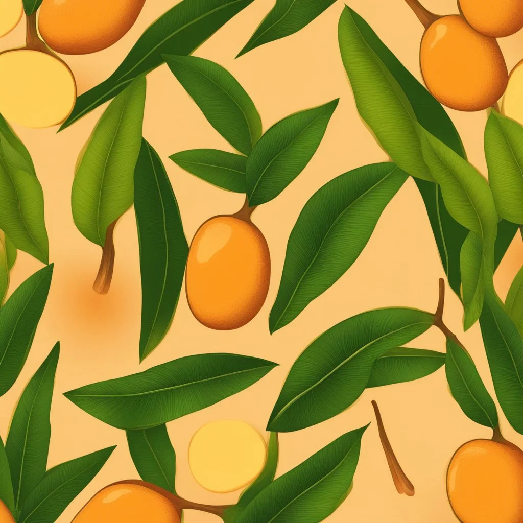 A background with colors of mango and its leaves and some light orange