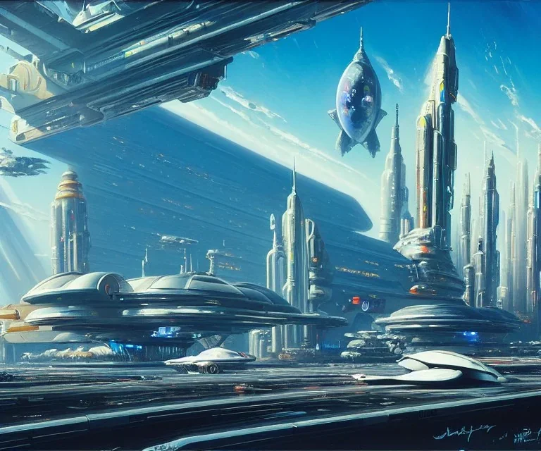 Art by John berkey, Spaceport on a heavy industrialized planet with a futuristic city in the background and a docked spaceship in the foreground, retrofuturistic, buildings with glass facades, insanely detailed, vibrant, 8k uhd, cinematic atmosphere, ultra-wide angle, street level view, brush strokes, blue sky with clouds, sharp focus