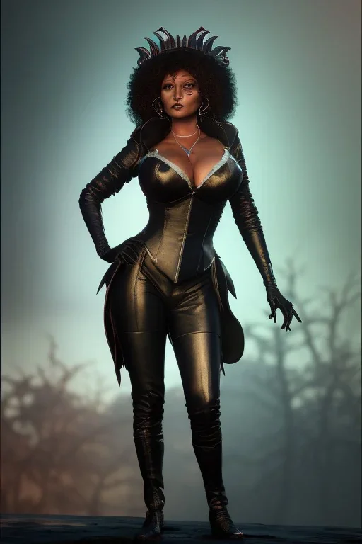 Pam Grier as evil queen in black leather, leather, busty, cleavage, angry, stern look. character design by cory loftis, fenghua zhong, ryohei hase, ismail inceoglu and ruan jia. unreal engine 5, artistic lighting, highly detailed, photorealistic, fantasy