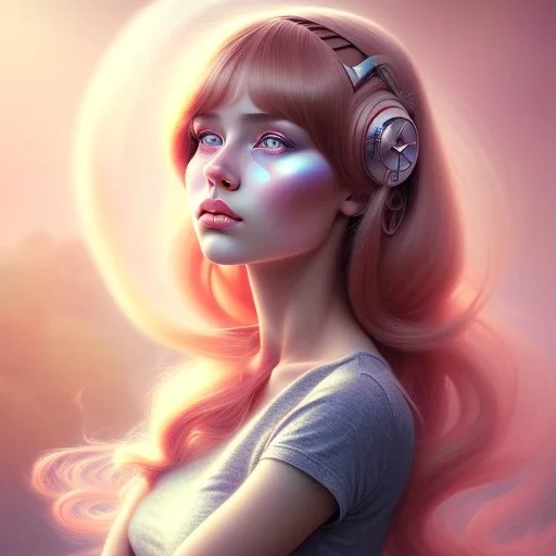 girl, beautiful, cute, long pink hair with bangs, brown eyes, Cyril Rolando:1.2 Norman Rockwell:1.25 Steve Henderson:1.3 Albert Lynch:0.8 Alphonse Mucha:0.5