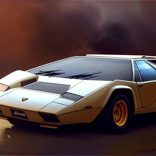 hyperrealism Drawing of 'Lamborghini Countach' three quarter view,by gaston bussiere, greg rutkowski, yoji shinkawa, yoshitaka amano, tsutomu nihei, donato giancola, tim hildebrandt,oil on canvas, cinematic composition,Sharp detail,extreme detail,fit car inside picture,16k