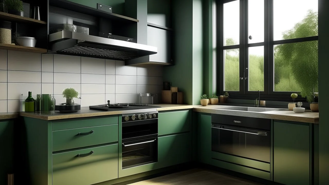 kitchen with celadon and dark green furniture, on the left side by the window from the bottom up, a microwave and an oven installed in the furniture, and on the right side and next to it an induction hob and a cooker hood above it, on the right side there is a sink and a dishwasher underneath it