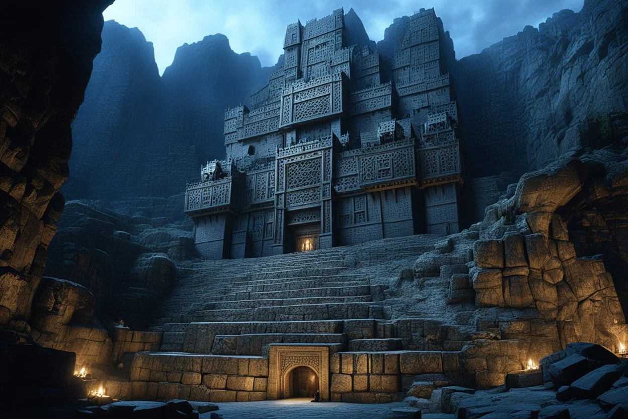 (photo of a movie by Ray Harryhausen) A wide-angle landscape photograph of a massive, heavily fortified dwarven fortress wall built directly into the steep side of a craggy mountain. The wall is constructed of dark, rough-hewn stone blocks, reinforced with intricate, decorative bronze plating and glowing, runic engravings that pulsate with blue light. The top of the wall is jagged with massive crenellations, manned by a company of heavily armored dwarven soldiers clad in full plate with axes and