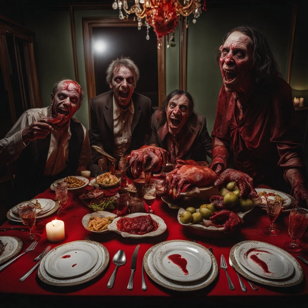 Photograph of a happy year-end dinner of a clique of zombie creatures in Dario Argento style, photorealism