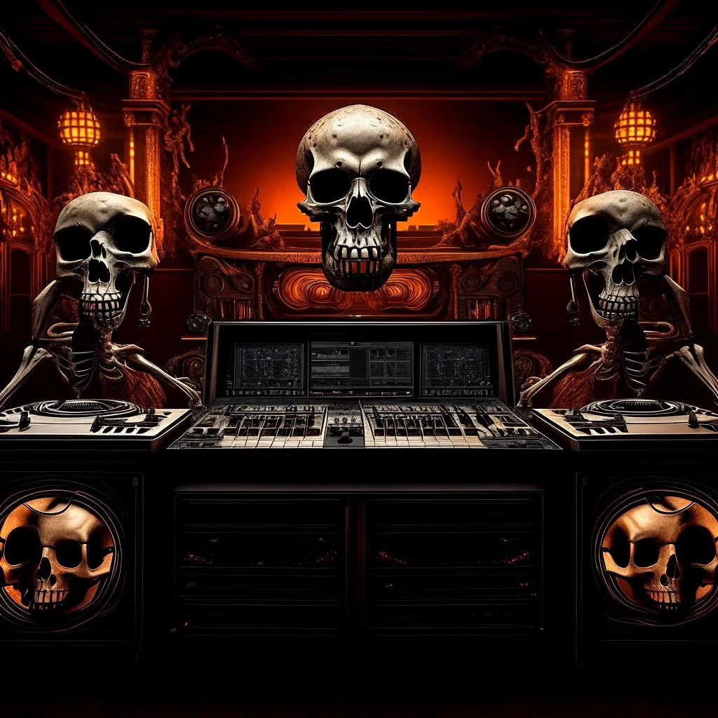 DJ of the damnded, insanely detailed DJ booth in hell, MID set, speakers and equipment made of bone, anatomically correct, add more skulls in th audience, photorealism, vray, 8k 3d