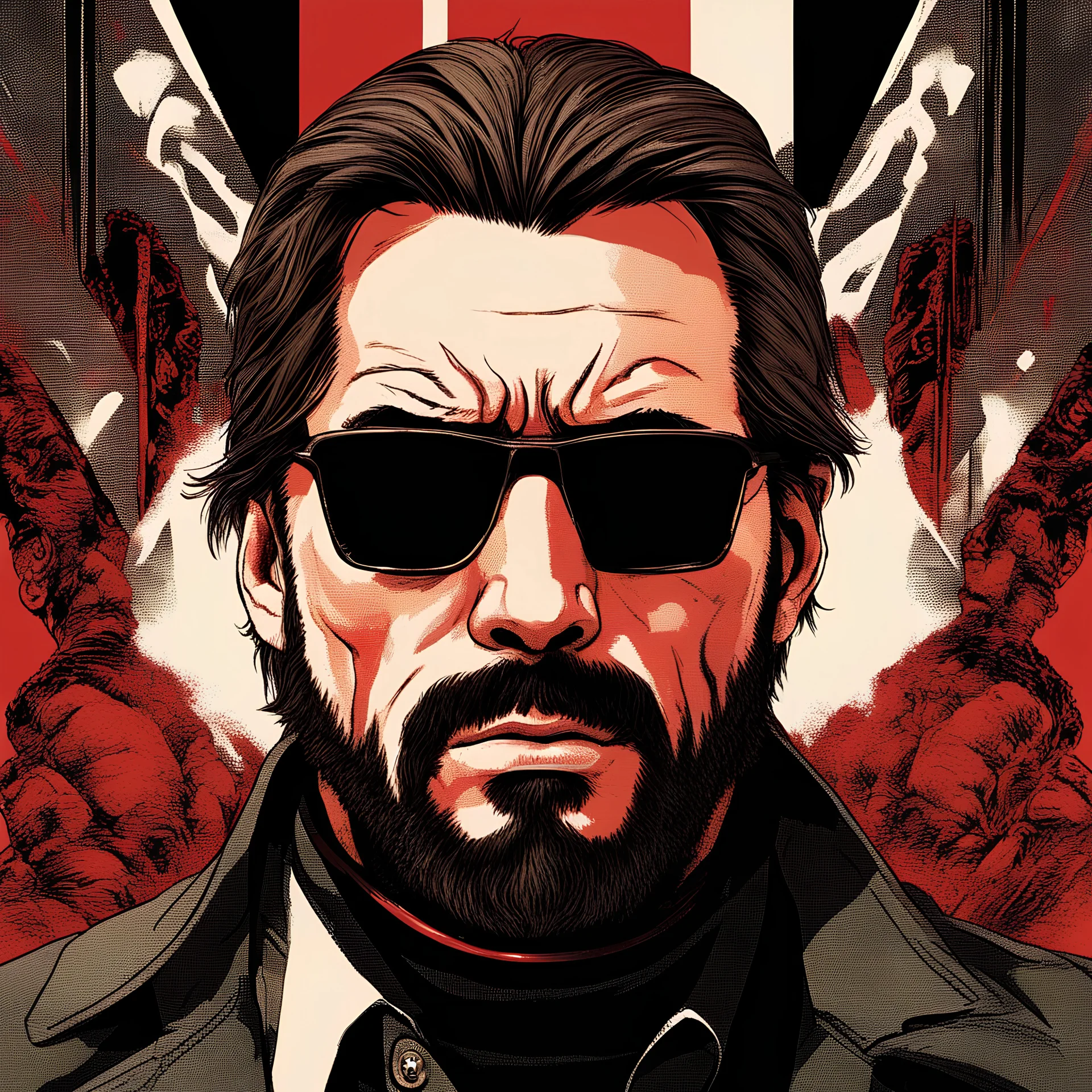 a young man with big muscles who looks like hans gruber wearing a turtleneck and red sunglasses staring with an angry look on his face in the style of Neil Gaiman