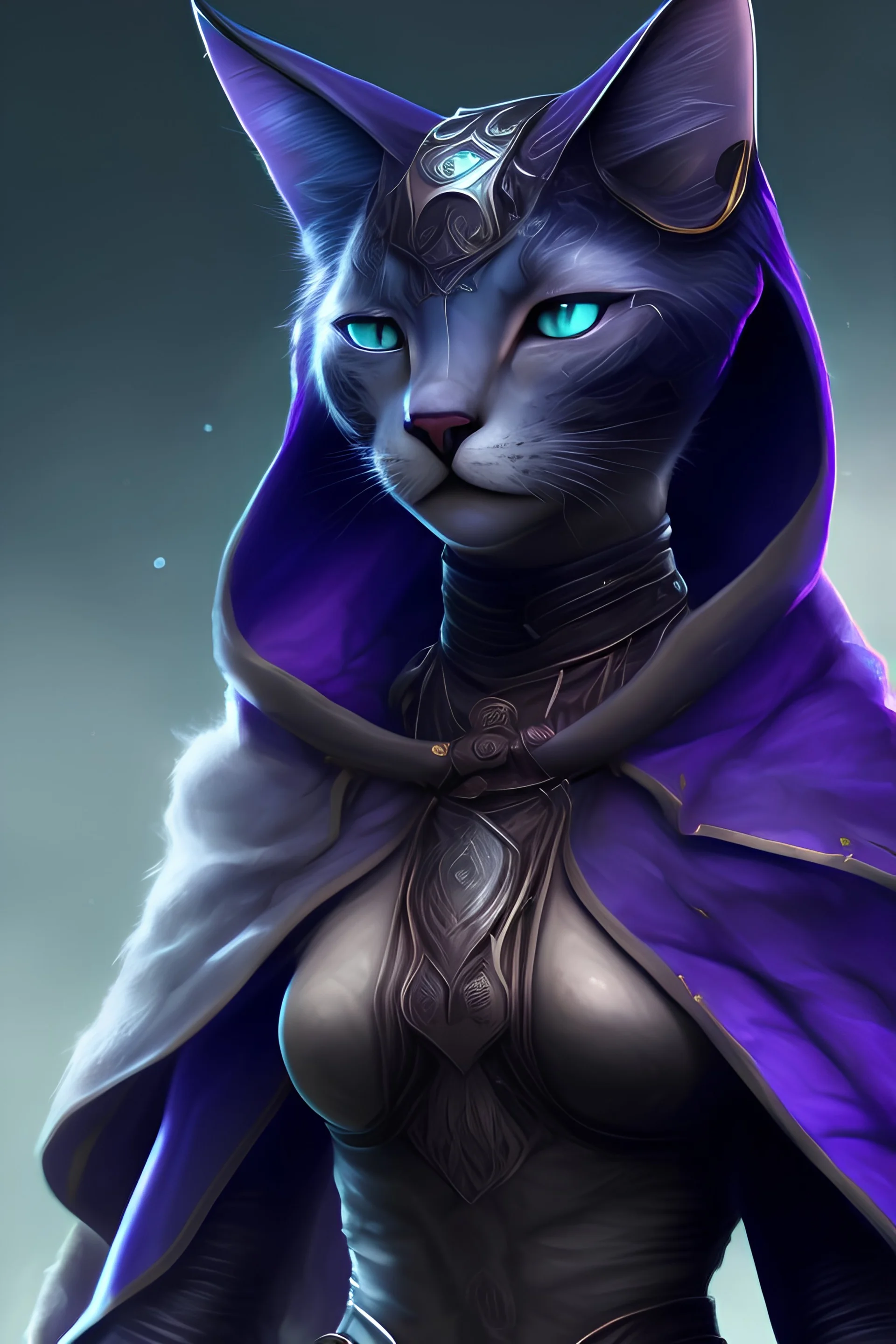 Detailed photo female tabaxi black jaguar sorceress, wearing hood with ears poking through, black fur on face, full body shot with space over head, add white tufts of fur coming out of ears, pretty, green eyes, hyperdetailed painting, black clothes trimmed in purple and silver, 4k resolution concept art, Artgerm, WLOP, Alphonse Mucha, 3d render, octane render, intricately detailed, cinematic, Isometric, Centered hipereallistic cover photo awesome, dark, gritty, realistic mucha, klimt, cinematic