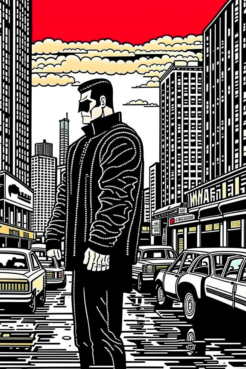 punisher sku;; CITY WALKING IN THE STREET AWAY FROM THE CAMERA the style of Hiroshi Nagai