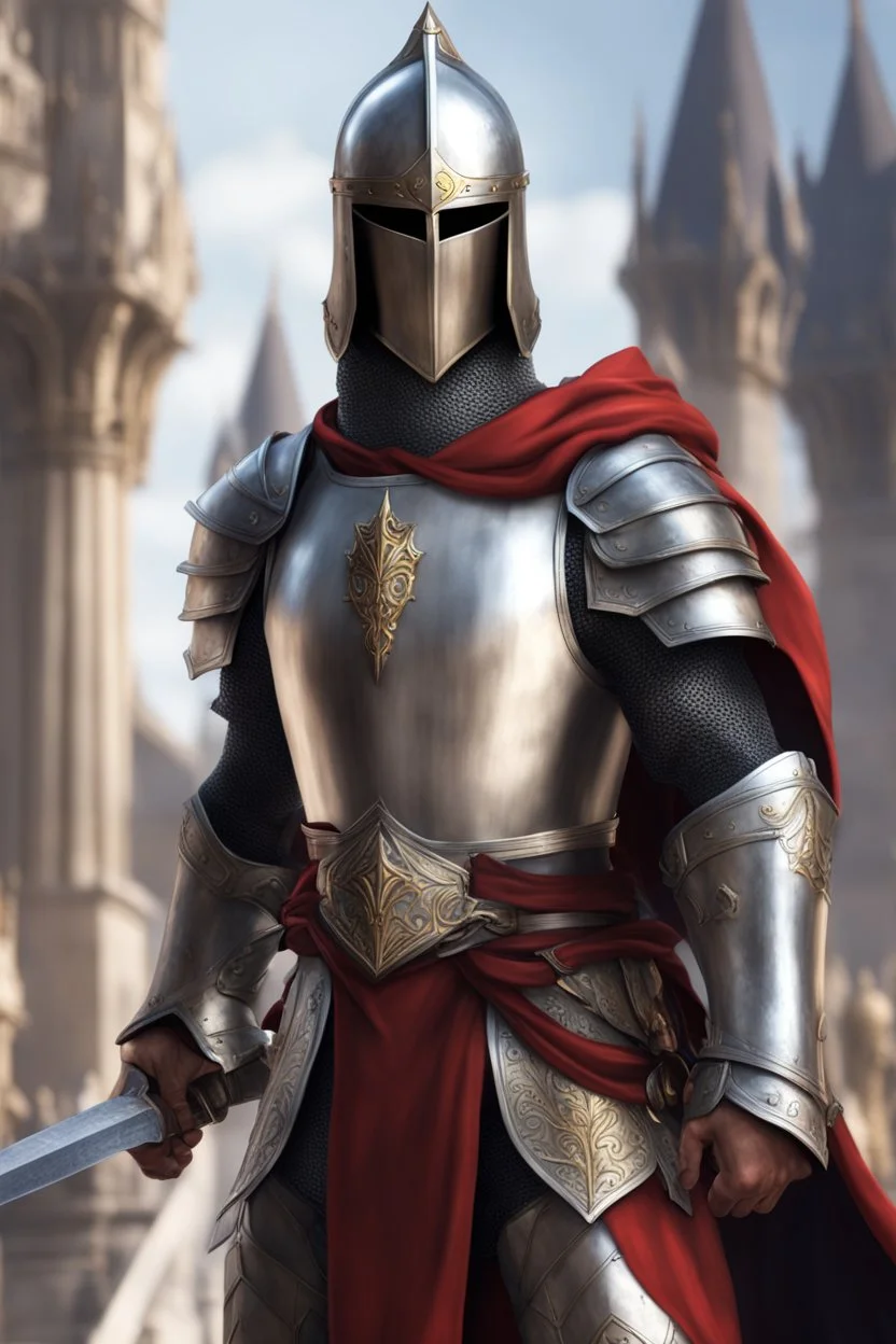 photorealistic holy knight paladin wearing a cape wielding a greatsword temple in the background