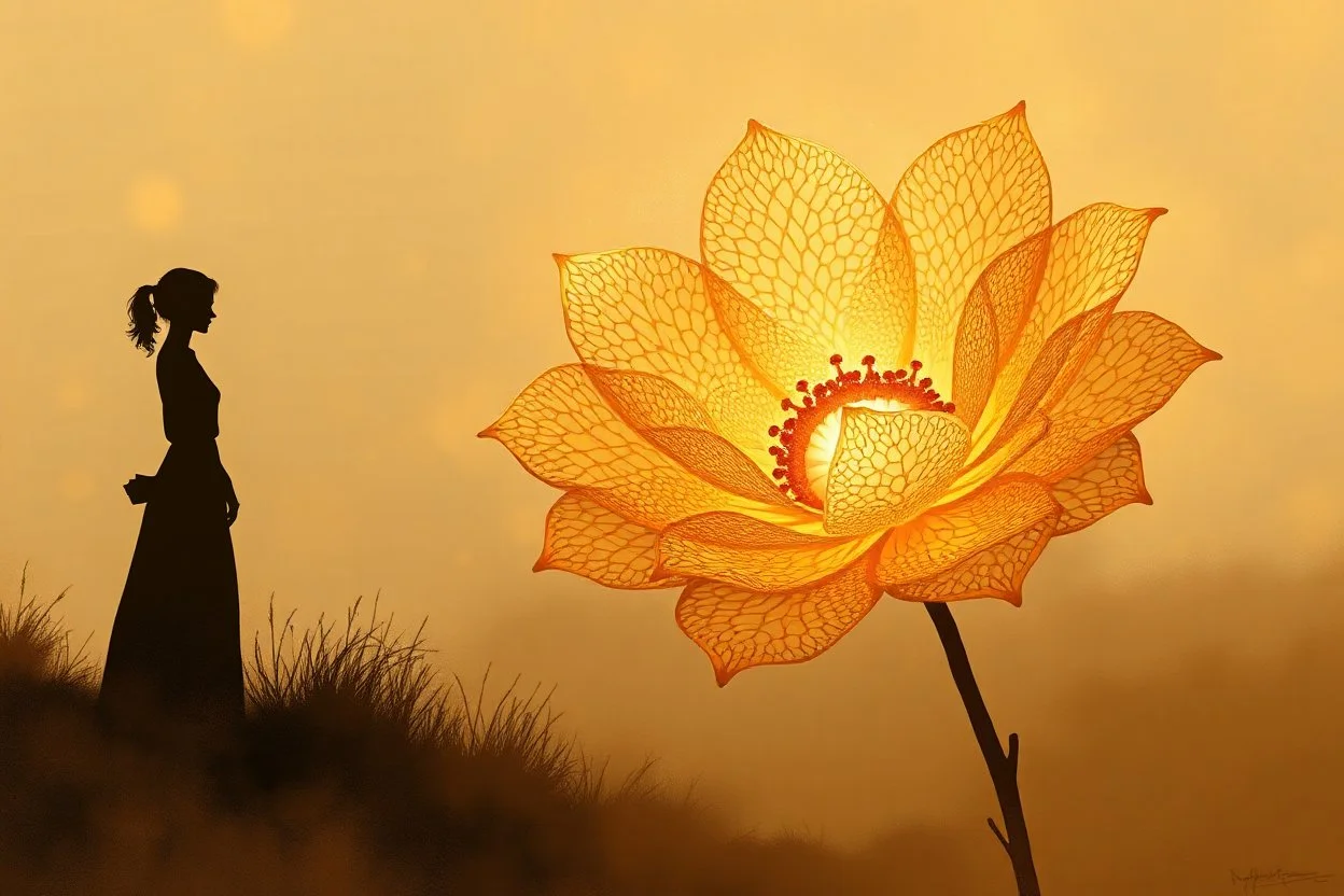 A panoramic mixed-media digital painting in a 3:1 format, filled with warmth and atmosphere. A silhouetted woman stands gracefully on the left, holding a large glowing lace flower made of delicate cream and
