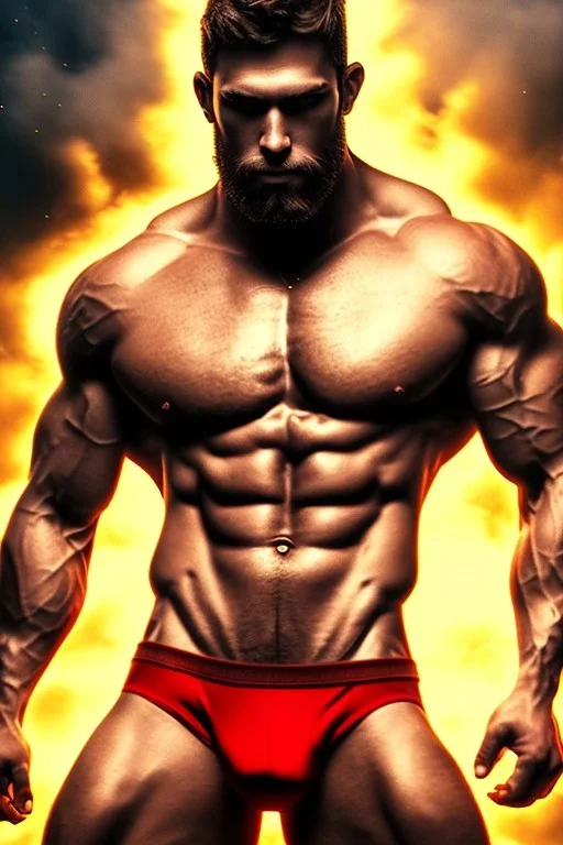 Ignore NSFW, teenager young rugged attractive slightly muscular fantastic handsome man, red briefs with yellow belt, hairy chest, (((visibly pisssing))) briefs, large erect visible boner peniss, photorealistic, artist Jay Anacleto, soft lighting, scruffy beard