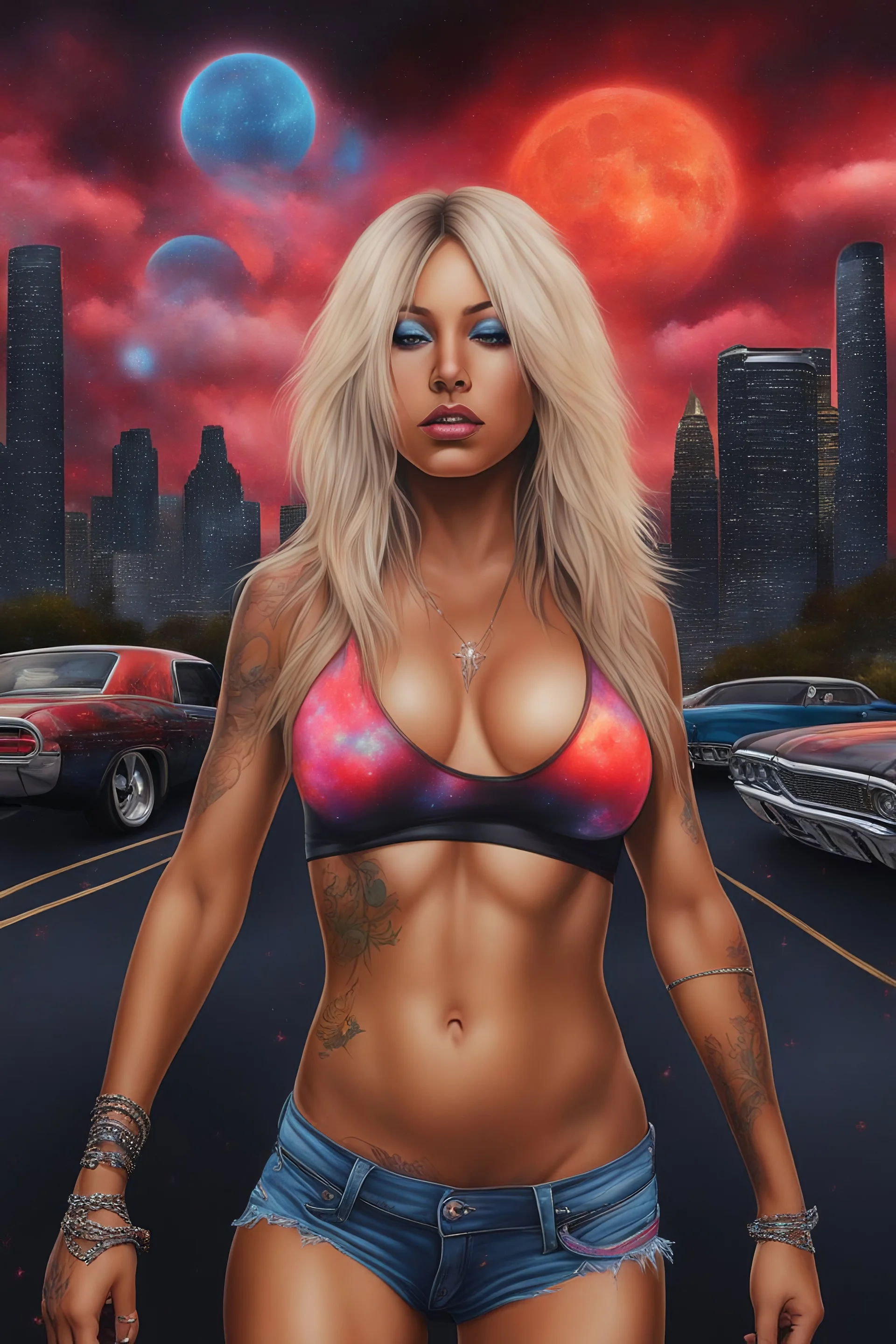 Nosferatits - full body portrait, head to toe, Photorealistic, hyperrealism, Dazzling, Complex, dramatic, bold, attractive Cheyenna the Motley Crue babe, perfect, Athletic, toned body with tanned skin, perfectly formed body, cosmic clouds, neon cityscape, muscle cars, planets, moons, stars, cosmic vortex, bright red, every color in the rainbow, extremely detailed, lipstick, eyeshadow, eyeliner, mascara, rouge, photorealistic, 4k UHD Photograph,