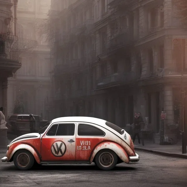 an old volkswagen car ultra realistic,wide body , rally concept, 4k ,on street,8k resolution, high-quality, fine-detail, parked in crowded city winter wide body