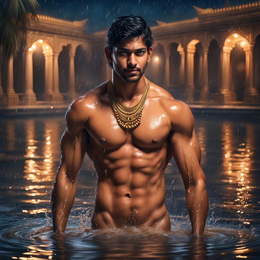 Hyper Realistic handsome Young shirtless muscular short hair Indian king with wet chest bathing in a lake outside traditionally beautiful Indian palace at night