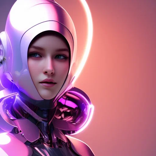 Cute girl in a robotic hijab suit,purple and pink backlight, orange lighting, profile