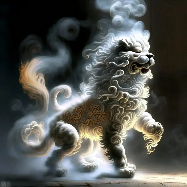 foo dog with curly white fur, smokey breath and fire, a long tail, moving forward towards viewer, wrapped in smoke