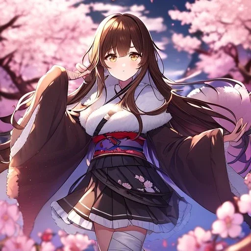 Clear focus,8k,Beatiful Lighting,Beatiful Blur,Beatiful Shading,Brown long hair,fluffy hair, long fluffy bangs, Brown eyes, wearing a top half of a kimono but under is a short skirt, cherry blossom falling, detailed clothes, circles near the end of her sleeves, skirt gets darker,bandage near arm