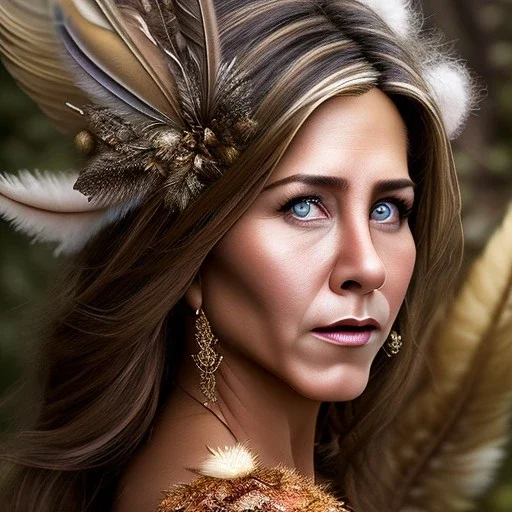 woolitize, Jennifer Aniston, rusty metal, feathers, Dryad, fae, sidhe, ominous, nature, plants, wildflower, facepaint, dnd character portrait, intricate, oil on canvas, masterpiece, expert, insanely detailed, 4k resolution, retroanime style, cute big circular reflective eyes, Pixar render, unreal engine cinematic smooth, intricate detail , soft smooth lighting, soft pastel colors