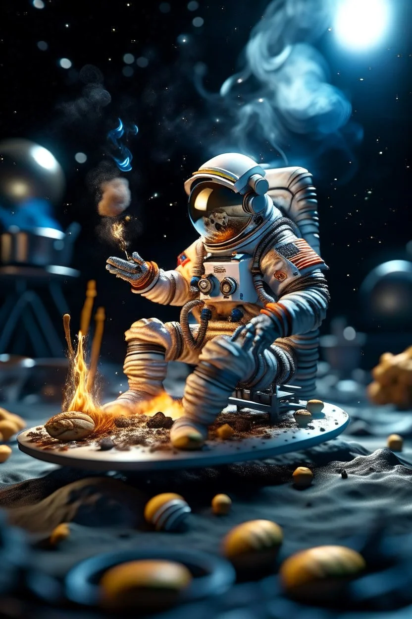 astronaut with burning feet and a moon helmet gets epilepsy while grilling hot dogs and starts to foam like a rock star portrait, photo-realistic, shot on Hasselblad h6d-400c, zeiss prime lens, bokeh like f/0.8, tilt-shift lens 8k, high detail, smooth render, down-light, unreal engine 5, cinema 4d, HDR, dust effect,, smoke