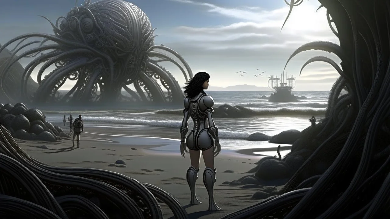 Detailed matte painting of a wide-angle shot of a woman, standing on the right side of an alien beach, with dark hair in a silver robotic catsuit, many large floating creatures with shells and long tentacles, alien jungle trees in the distance