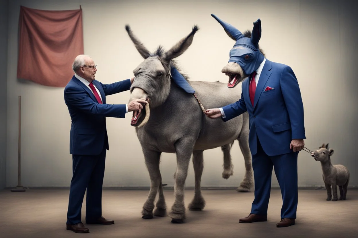 an evil puppetmaster forcing the democratic donkey to fight the republican elephant