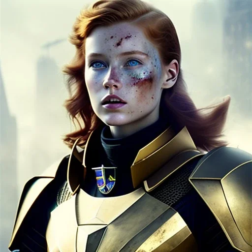 ultrarealistic, ruined city,__sci-fi armor__, __angles__, 18 year old woman, strikingly beautiful, ginger hair, _colour_, [__starlets__|__starlets__], (pale __skincolor__ skin:1.2), __camera__, _hair_, detailed face and eyes, medium breasts, leather choker, freckles, dynamic pose, resolved expression, __accessory__, strappy outfit, (straps:1.1), sword in scabard on left hip, (buckles, buttons, snaps, rings:1.0), haltertop style breastplate, detailed eyes, plump lips, sci-fi theme