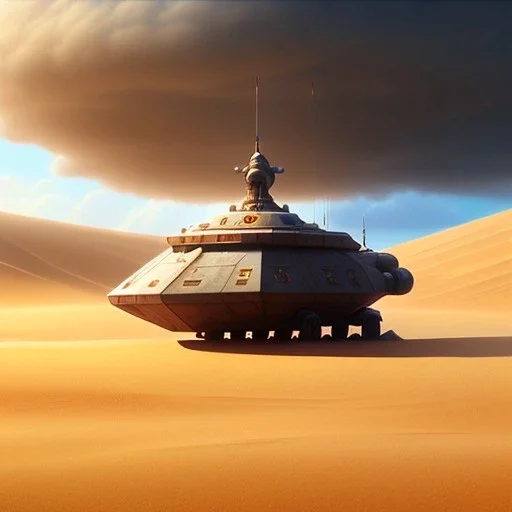 octane render volumetric desert war environment, Ralph McQuarrie style painting of an armored hovercraft with cannon, floating in the air, highly detailed, minutiae, nimbus storm, renderman