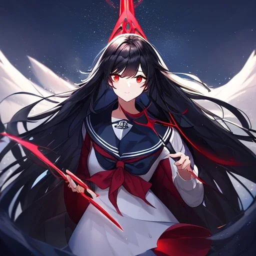 Clear focus, high resolution, black long fluffy hair, red eyes, wearing a dark sailor uniform, holding a red glowing spear, Raiden Shogun