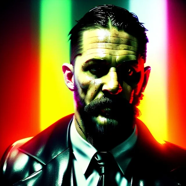 Actor, tom hardy, replicant man, blade runner style, rain, fog, neon ambient, gradient color, clean skin, circuits, latex coat, cyber punk, neon, tubes, portrait, studio photo, unreal engine 5, smooth color, 16 bit, god lights, ray tracing, RTX, lumen lighting, ultra deatail, volumetric lighting, 3d, finely drawn, hd.