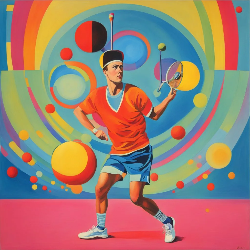 the tennis player juggles his racket: colorful and humorous, quirky avant garde [in oger dean's style] futuristic, neo-dada