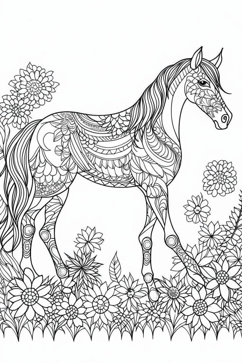 outline art for horse coloring pages with horse and flowers, white background, Sketch style, full body, only use outline, clean line art, white background, no shadows and clear and well outlined