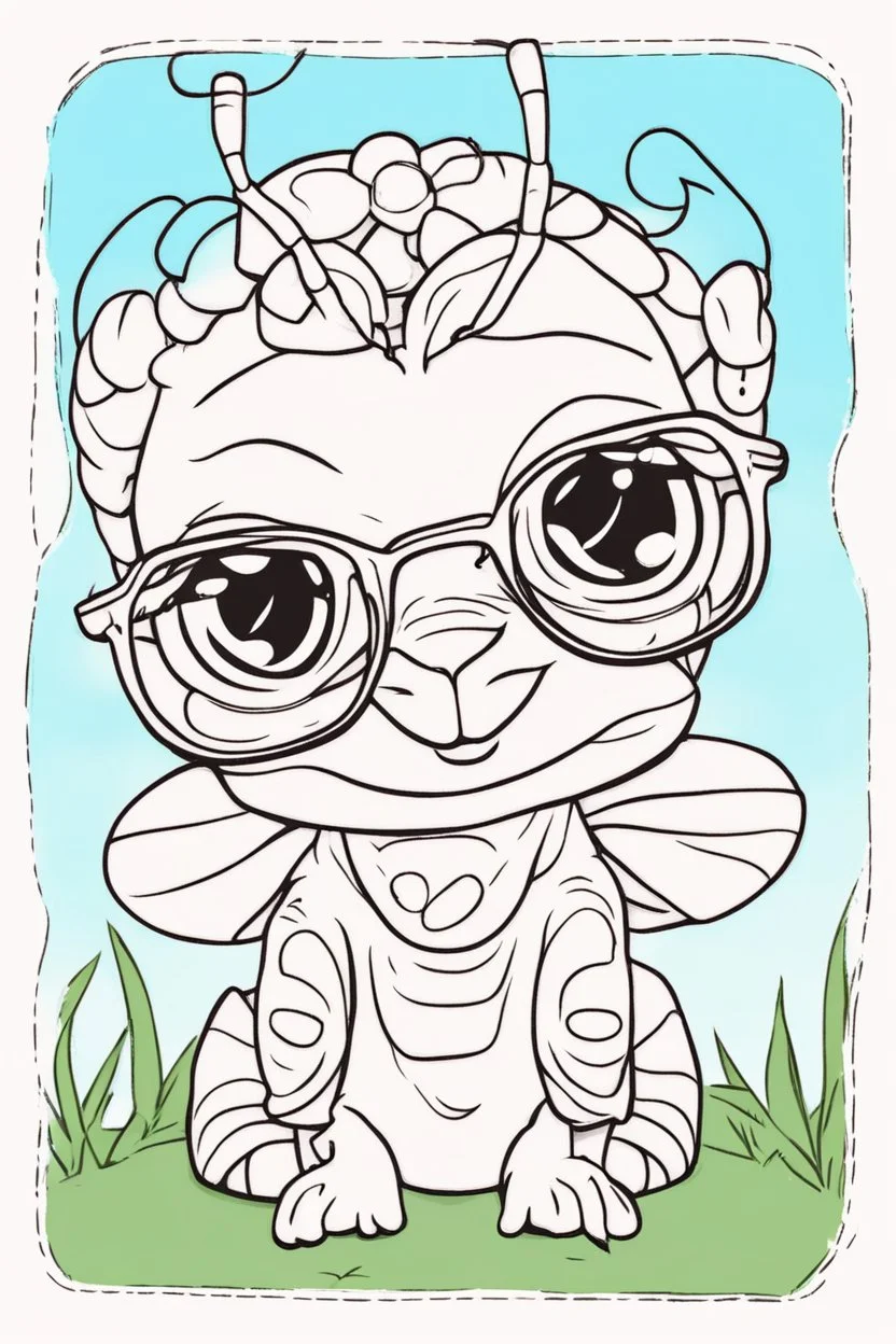 Outline art for cute coloring pages with insect butterfly with glasses, full body, white background, sketch style, only use outline, clean line art, no shadows and clear and well outlined.