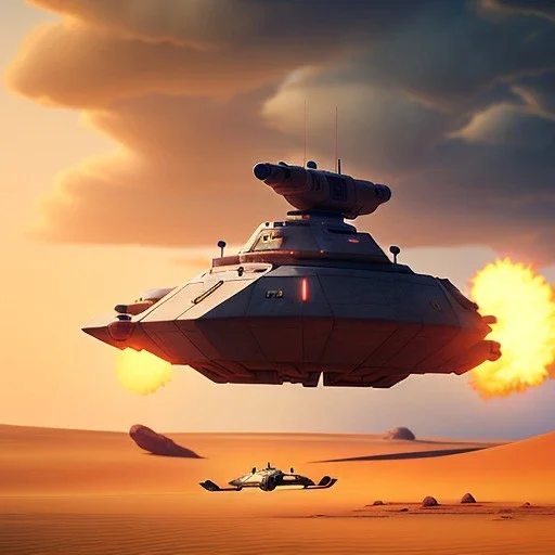 octane render volumetric desert war environment, Ralph McQuarrie style painting of an armored hovercraft with cannon, floating in the air, highly detailed, minutiae, nimbus, stormy, renderman