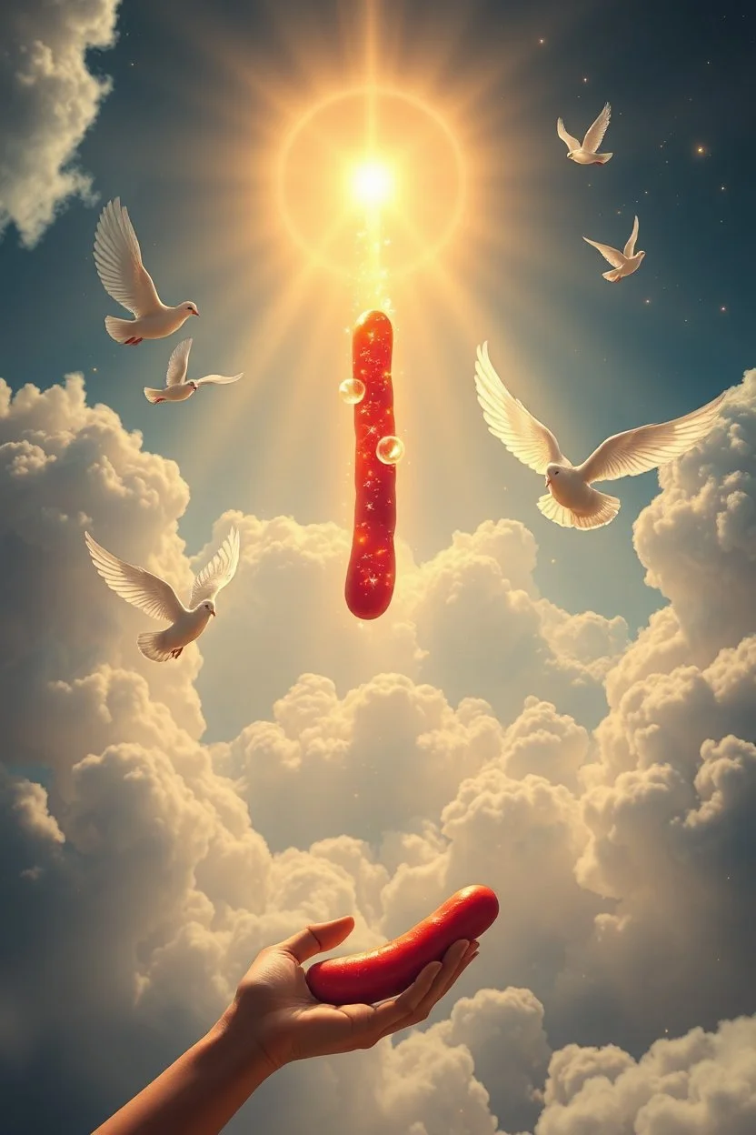 den heliga "bången" (long glowing meat sausage) i himlen, guds röst ekar, flygande duvor sjunger, keruber dansar