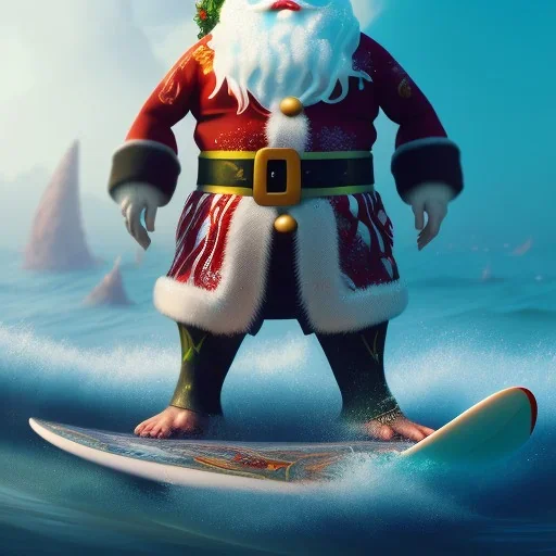 Santa standing of surfboard surfing a big wave, surfboard, beach, character design by cory loftis, fenghua zhong, ryohei hase, ismail inceoglu and ruan jia. unreal engine 5, artistic lighting, highly detailed, photorealistic, fantasy