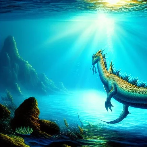 ultra detailed fullbody Drawing of Sea Dragon monster underwater , extremely detailed digital painting, intrincate, extremely detailed face,crystal clear Big eyes, in the style of Frank Frazetta, mystical colors , perfectly centered image, perfect composition, rim light, beautiful lighting, 8k, stunning scene, raytracing