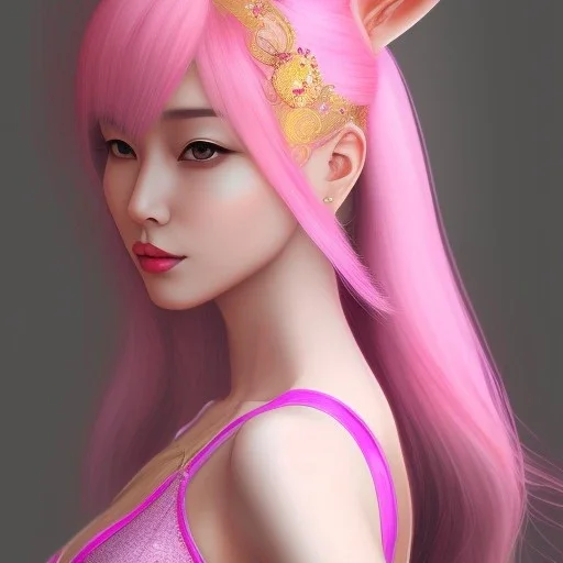  Asian woman, leaning pose, pink hair, latex suit, highly detailed, rabbit mask,