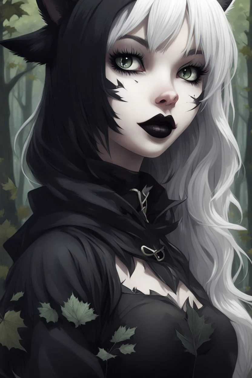 CAT GIRL, goth, forest, nature, cartoon, leaves, half black half white hair