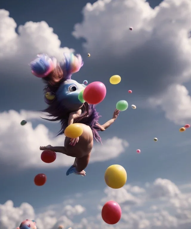 Ultra realistic speed clouds sky scene, wide angle view, child falling down with many Children background, inflatable monsters, circus dress style, feather color, free jumping flying, many trinkets, hair monster, many jelly beans, balls, color smoke, smile, happy, extreme, wind, clouds sea, 20,000 feet altitude, stratosphere, soft color, highly detailed, unreal engine 5, ray tracing, RTX, lumen lighting, ultra detail, volumetric lighting, 3d, finely drawn, high definition.