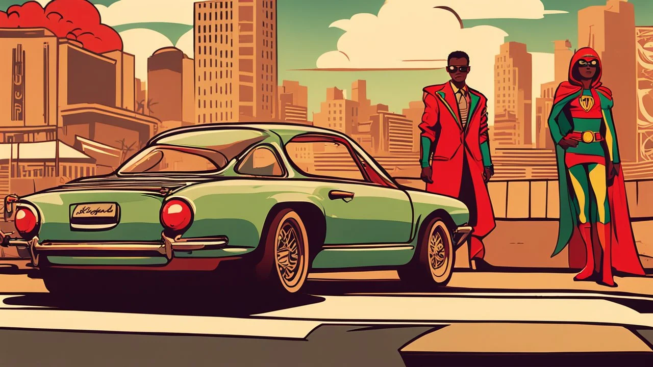 "I'm envisioning an electrifying poster for '<Achayo> Vintage Rally Racing: Unleash the Superhero Speed.' The backdrop should showcase an Ethiopian cityscape, setting the stage for an urban vintage rally. In the foreground, a stylish vintage rally car stands ready, capturing the charm of the past. Standing next to the car is an Ethiopian superhero, ready to unleash super speed, with dynamic poses that convey power and excitement. Use earthy tones for the city background, vibrant colors for the r