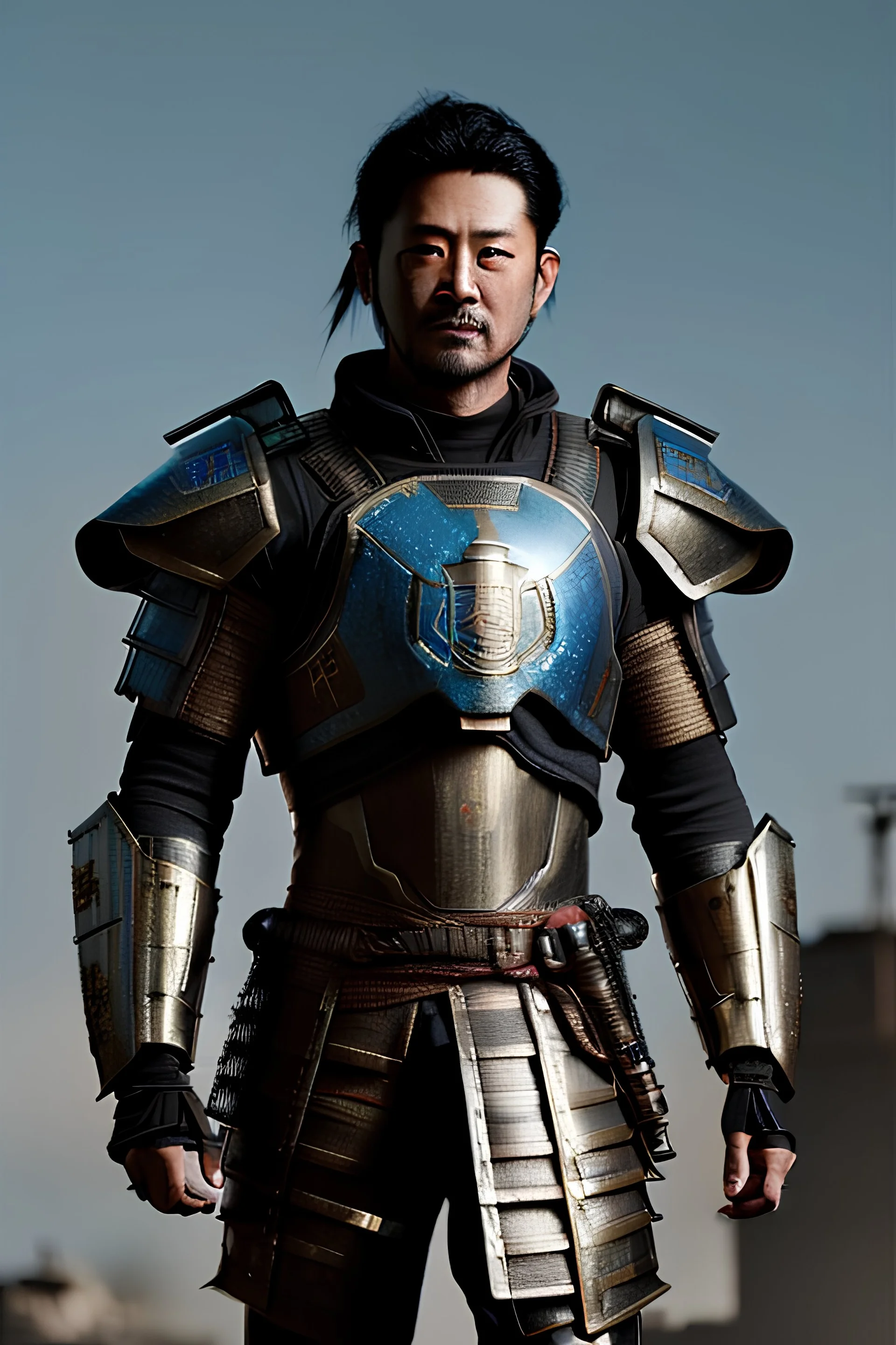 Fully armored cyberpunk samurai, photorealistic