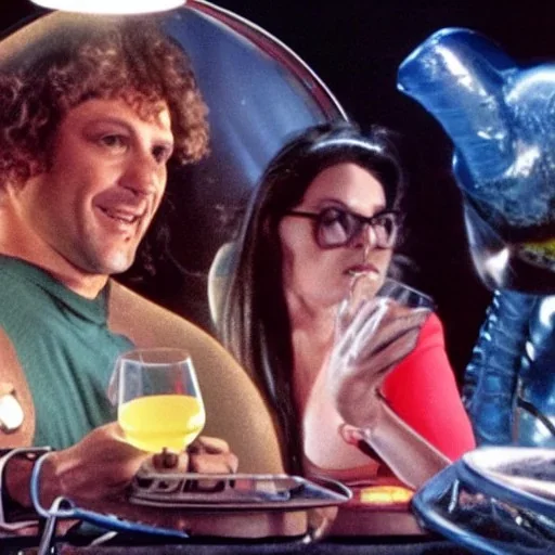 Gina Strippoli and brian anwander in the future with alien drinking beer in a mothership