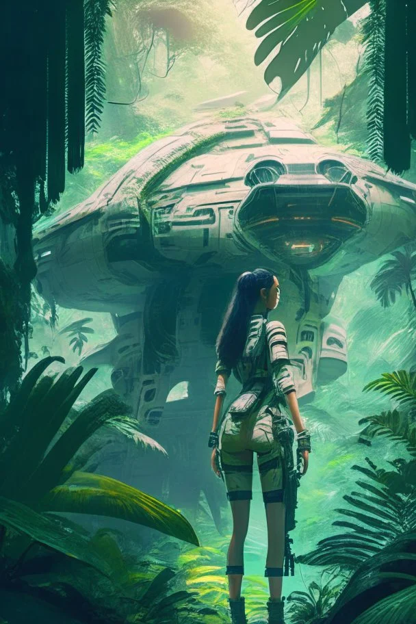 futuristic woman standing next to a large spaceship, in a jungle clearing