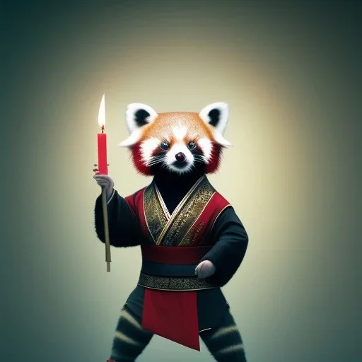 a cute litte red panda wearing Hanfu, holding a large candle, BK complex detail, cinema, reality, detail, octane rendering, stoic cinematic 4k epic detailed photograph shot on kodak detailed bokeh cinematic hbo dark moody 8k, 85mm f/16 by leica