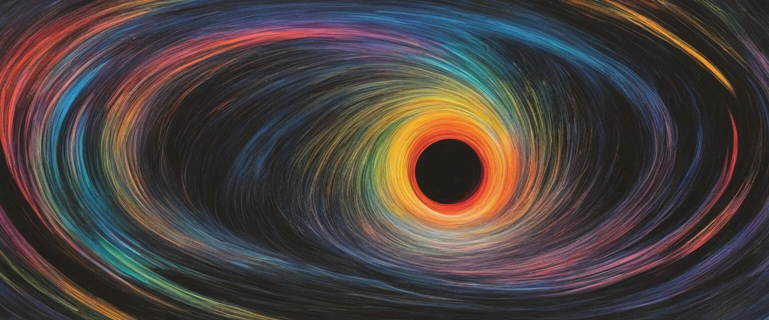 colorful, rainbow, A visually striking and abstract representation of the void and a black hole, utilizing dark hues and dynamic shapes to evoke the enigmatic and powerful aspects of cosmic emptiness, (visually striking abstract representation:1.4), (the void and black hole:1.5), (dark hues and dynamic shapes:1.3), (expressive and cosmic ambiance:1.2), drawing inspiration from abstract interpretations of the cosmic void and black hole phenomena